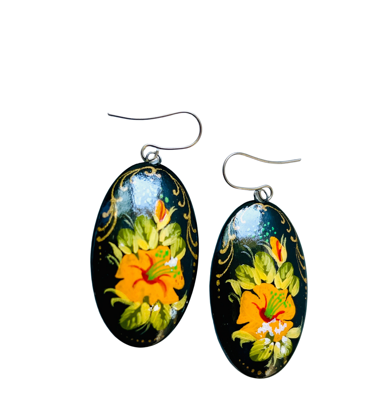 Yellow Flowers Hand Painted Russian Earrings