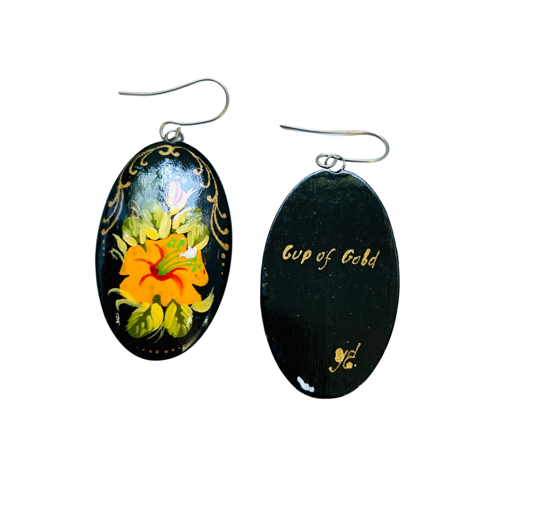 Yellow Flowers Hand Painted Russian Earrings