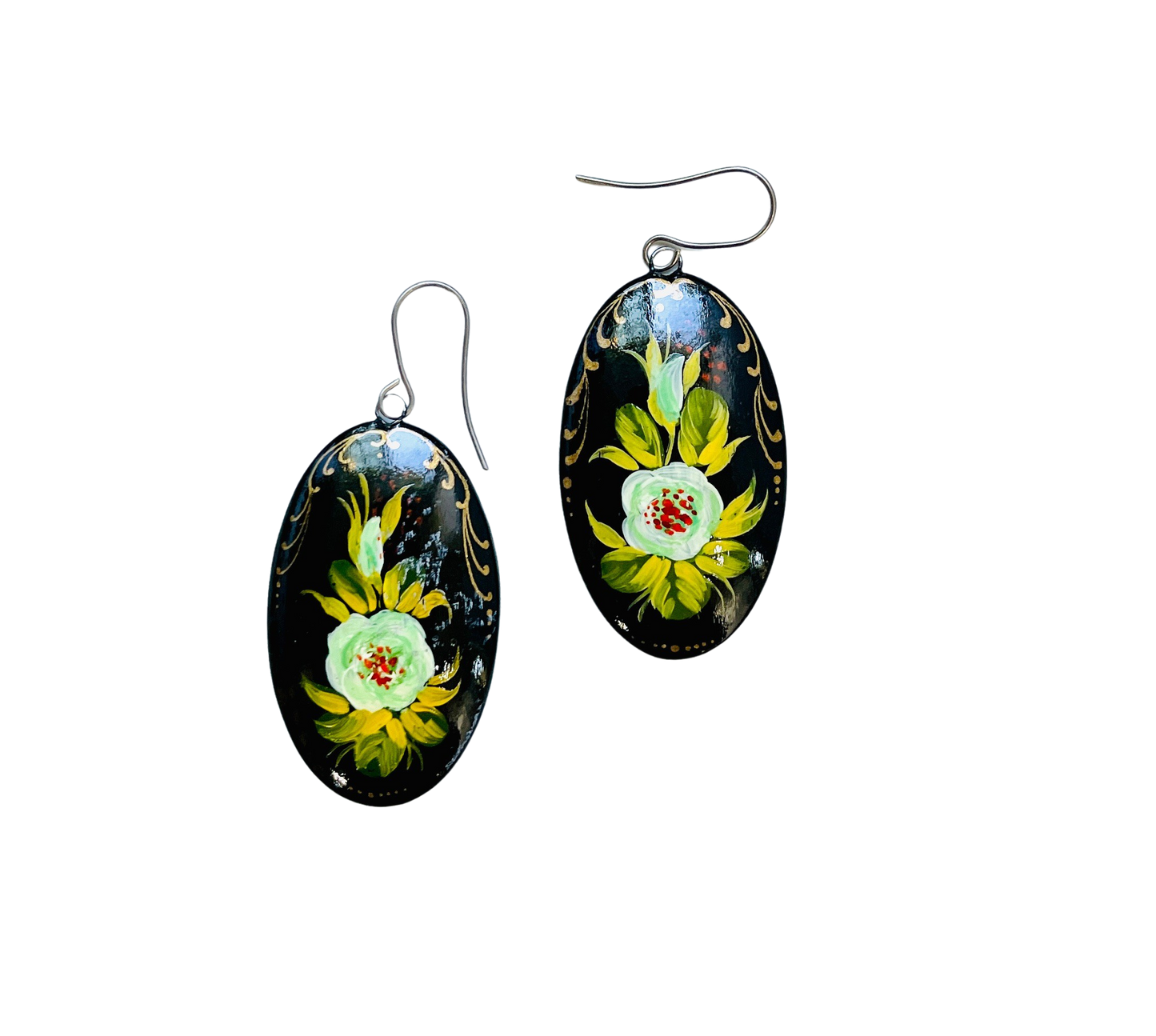 White Flowers Hand Painted Russian Earrings