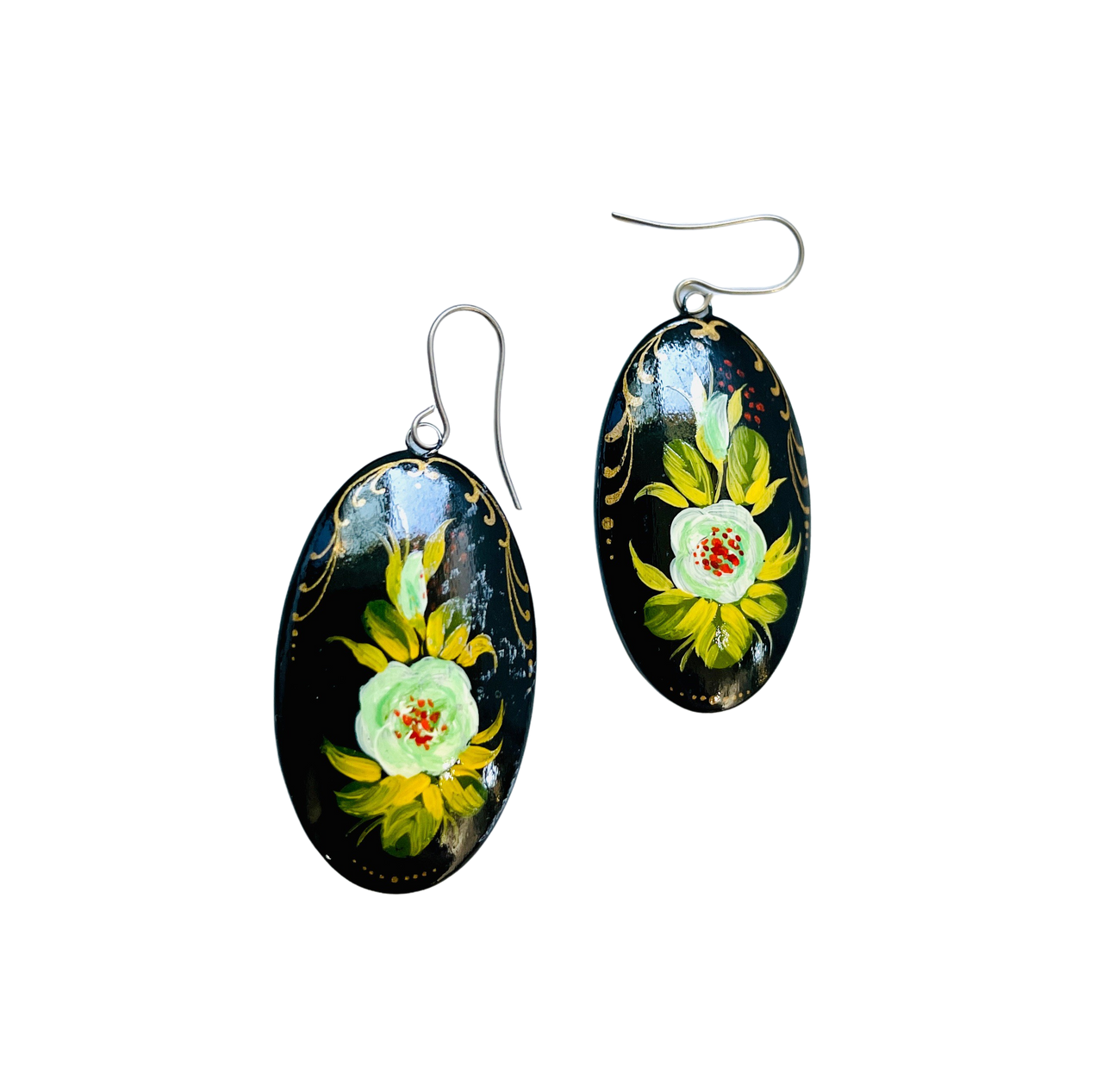 White Flowers Hand Painted Russian Earrings