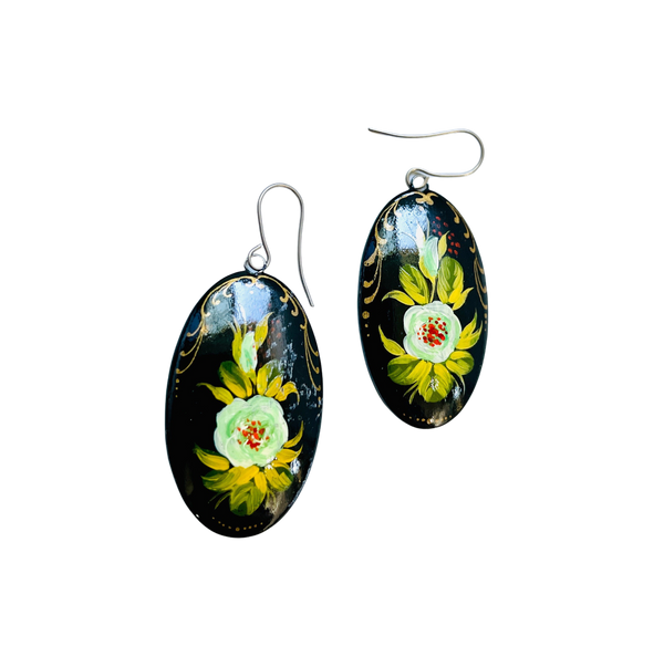 White Flowers Hand Painted Russian Earrings