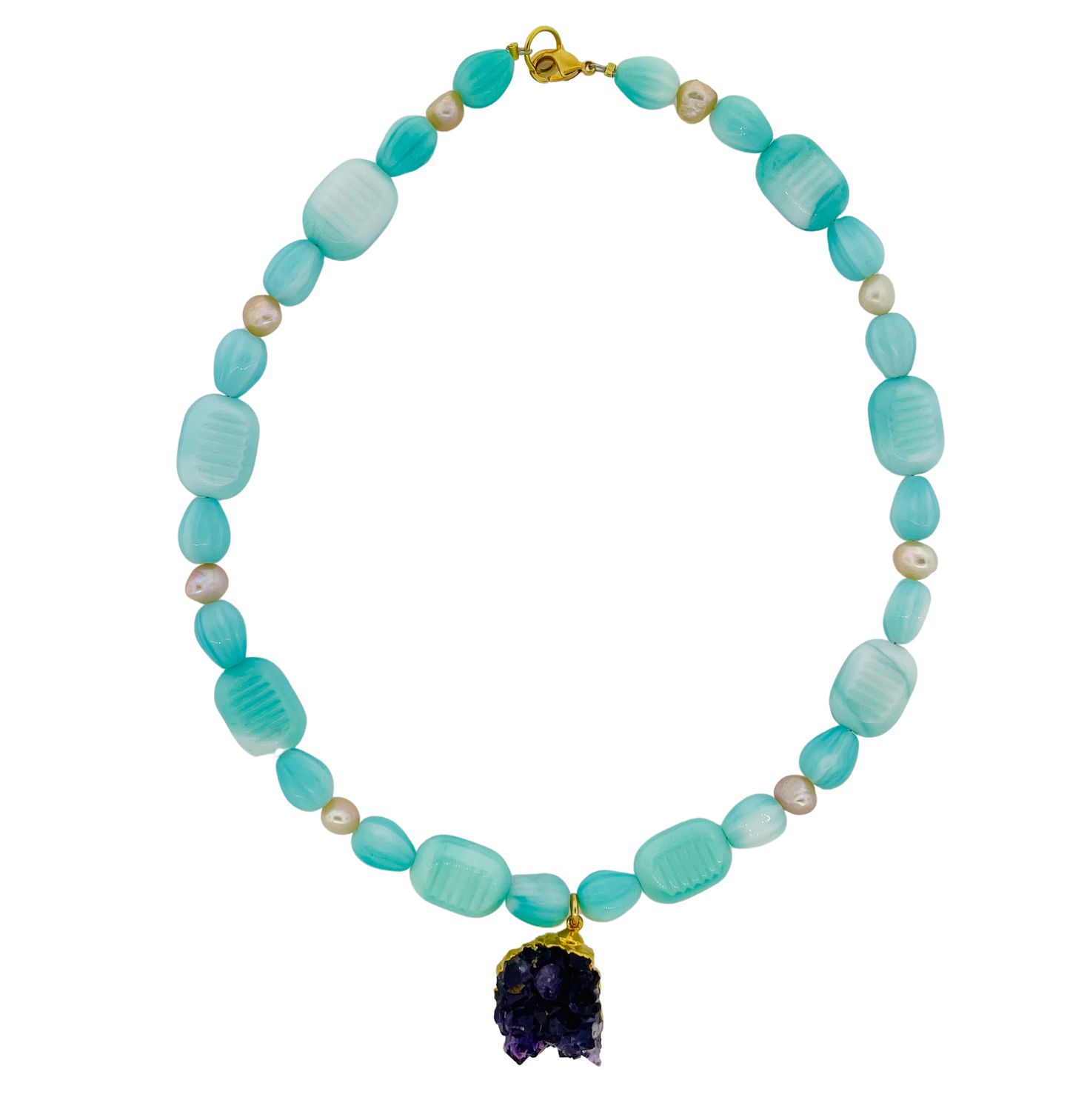 Vintage Seafoam Green Glass and Pearl Necklace with Amethyst