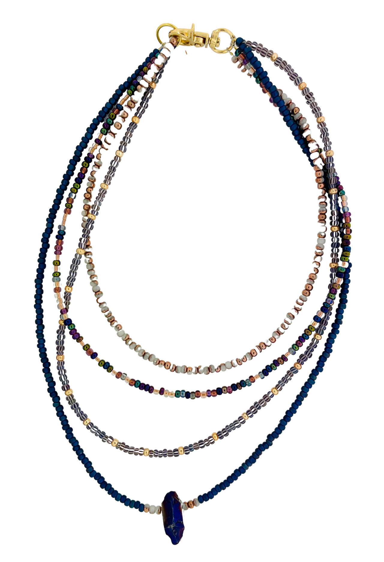 Multi Strand Beaded Necklace with Iridescent  Purple Quartz Crystal