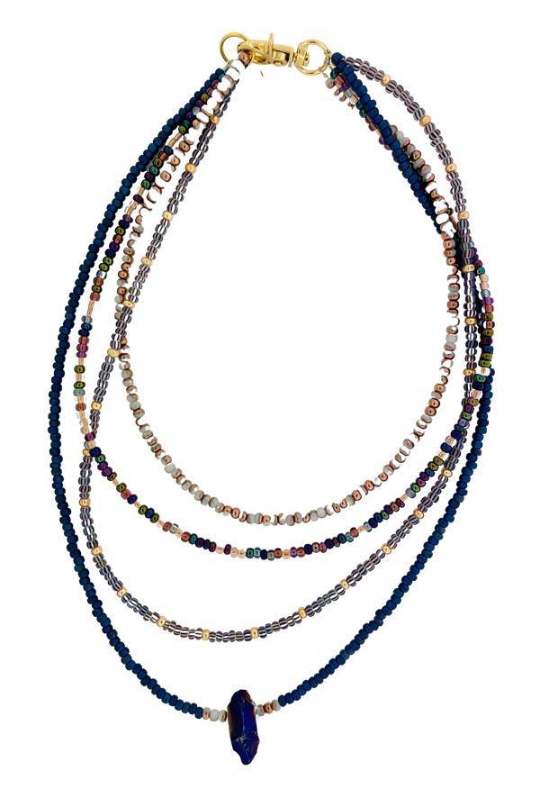 Multi Strand Beaded Necklace with Iridescent  Purple Quartz Crystal