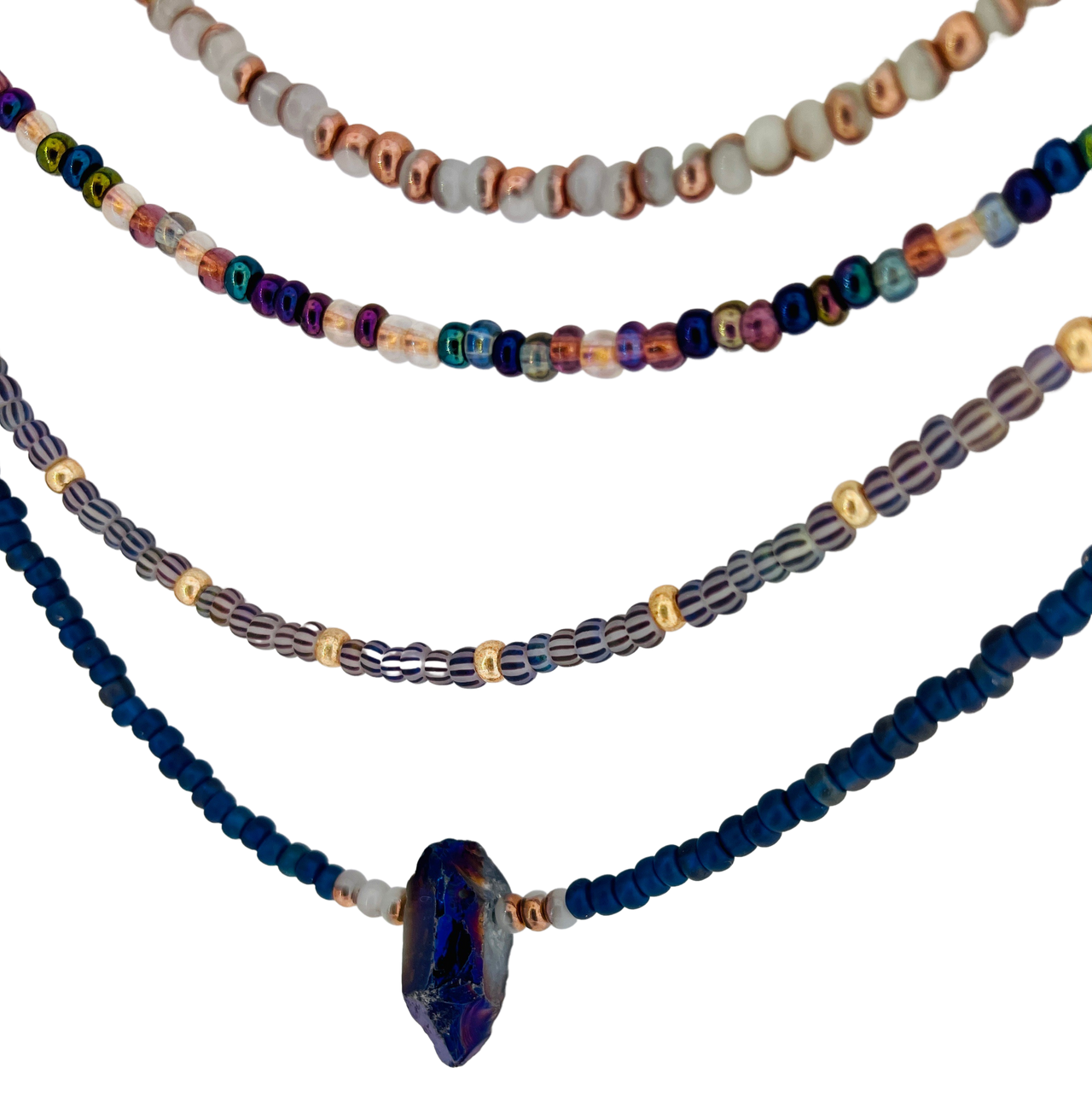 Multi Strand Beaded Necklace with Iridescent  Purple Quartz Crystal