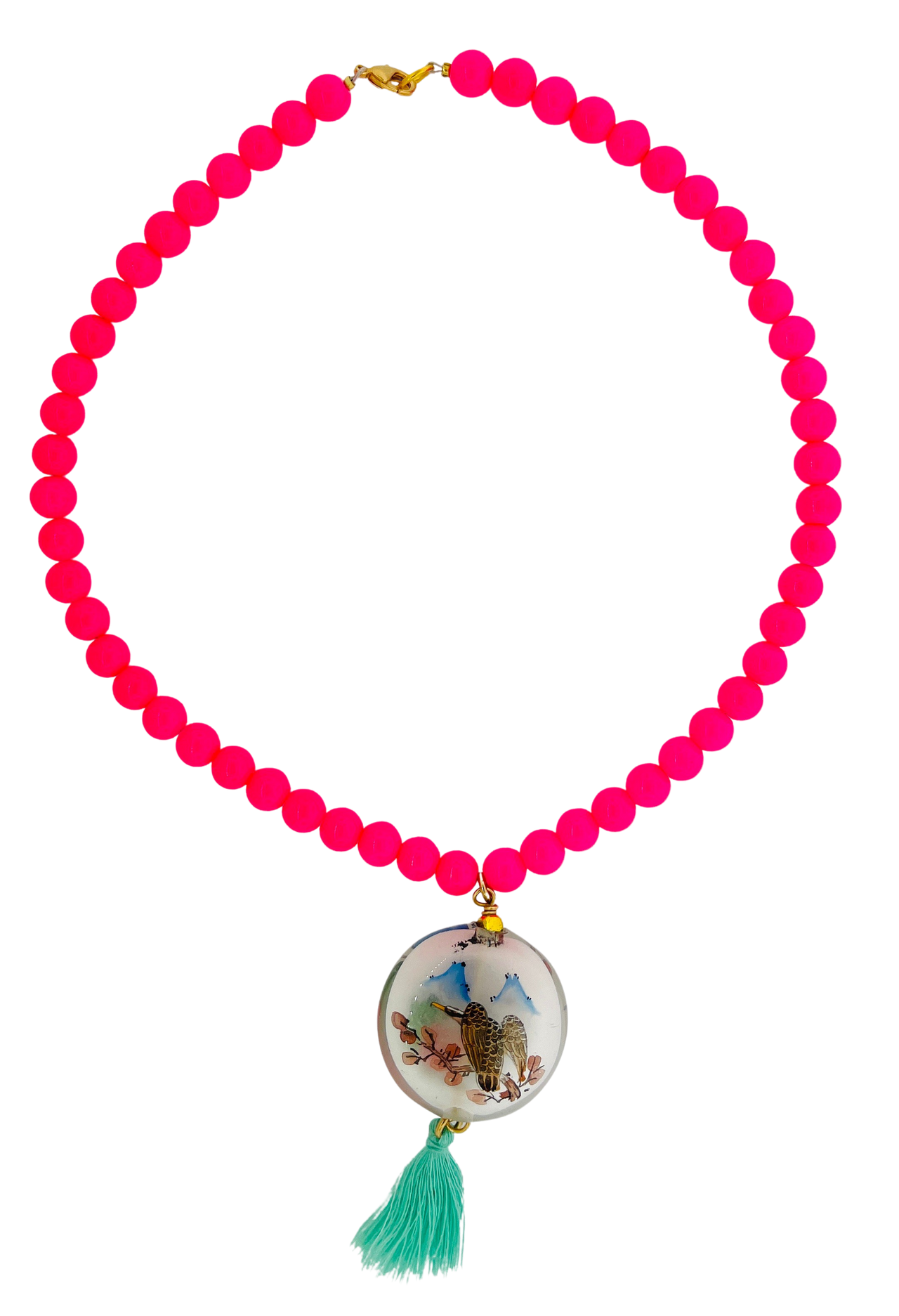 Fluorescent Pink Agate with Hand Painted Glass Pendant with Tassel