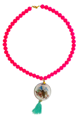 Fluorescent Pink Agate with Hand Painted Glass Pendant with Tassel