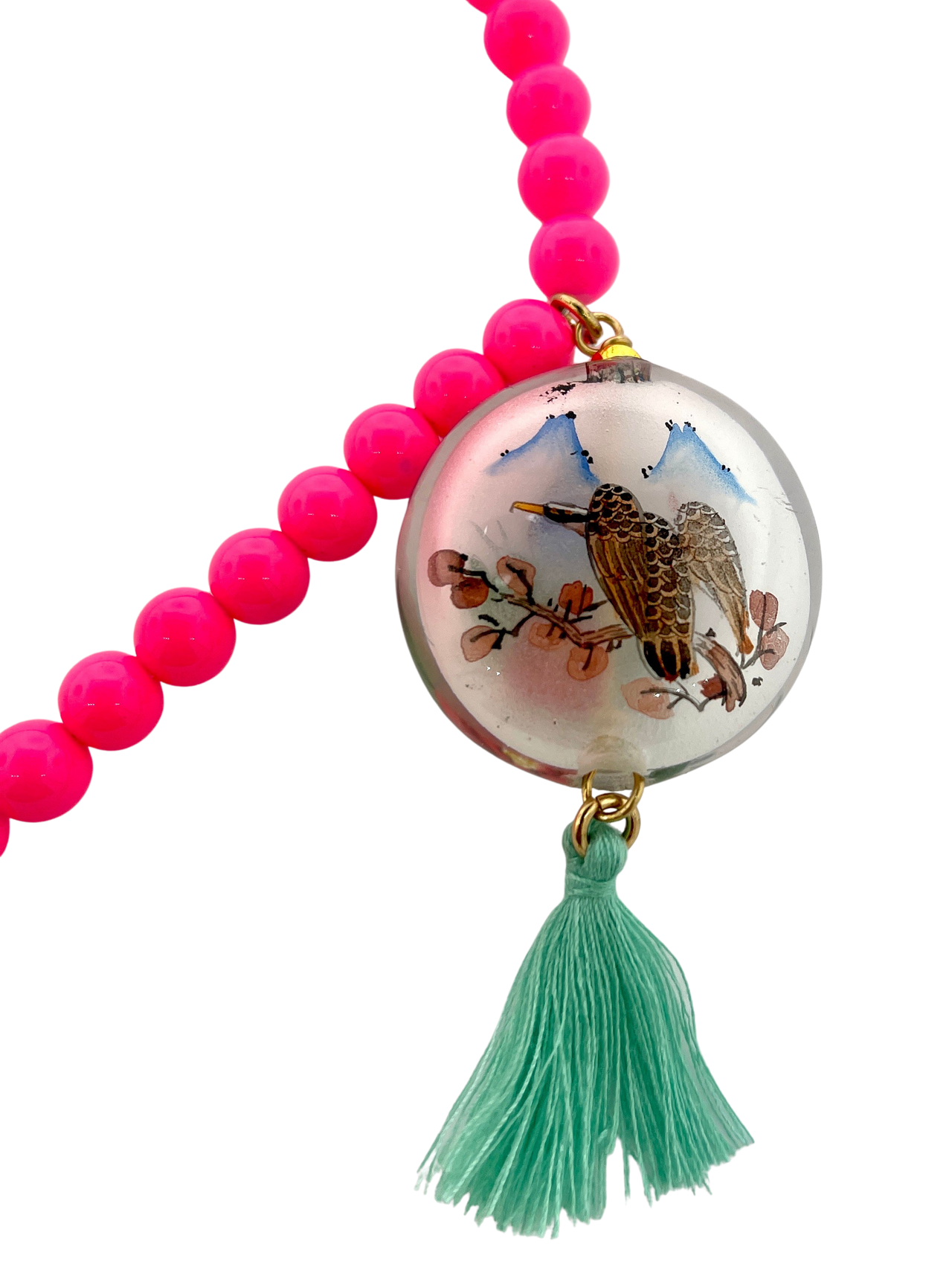 Fluorescent Pink Agate with Hand Painted Glass Pendant with Tassel