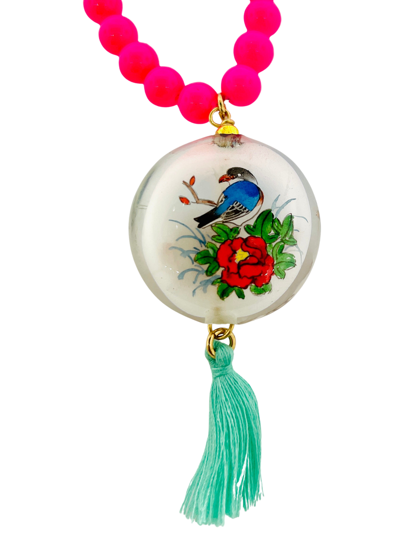 Fluorescent Pink Agate with Hand Painted Glass Pendant with Tassel