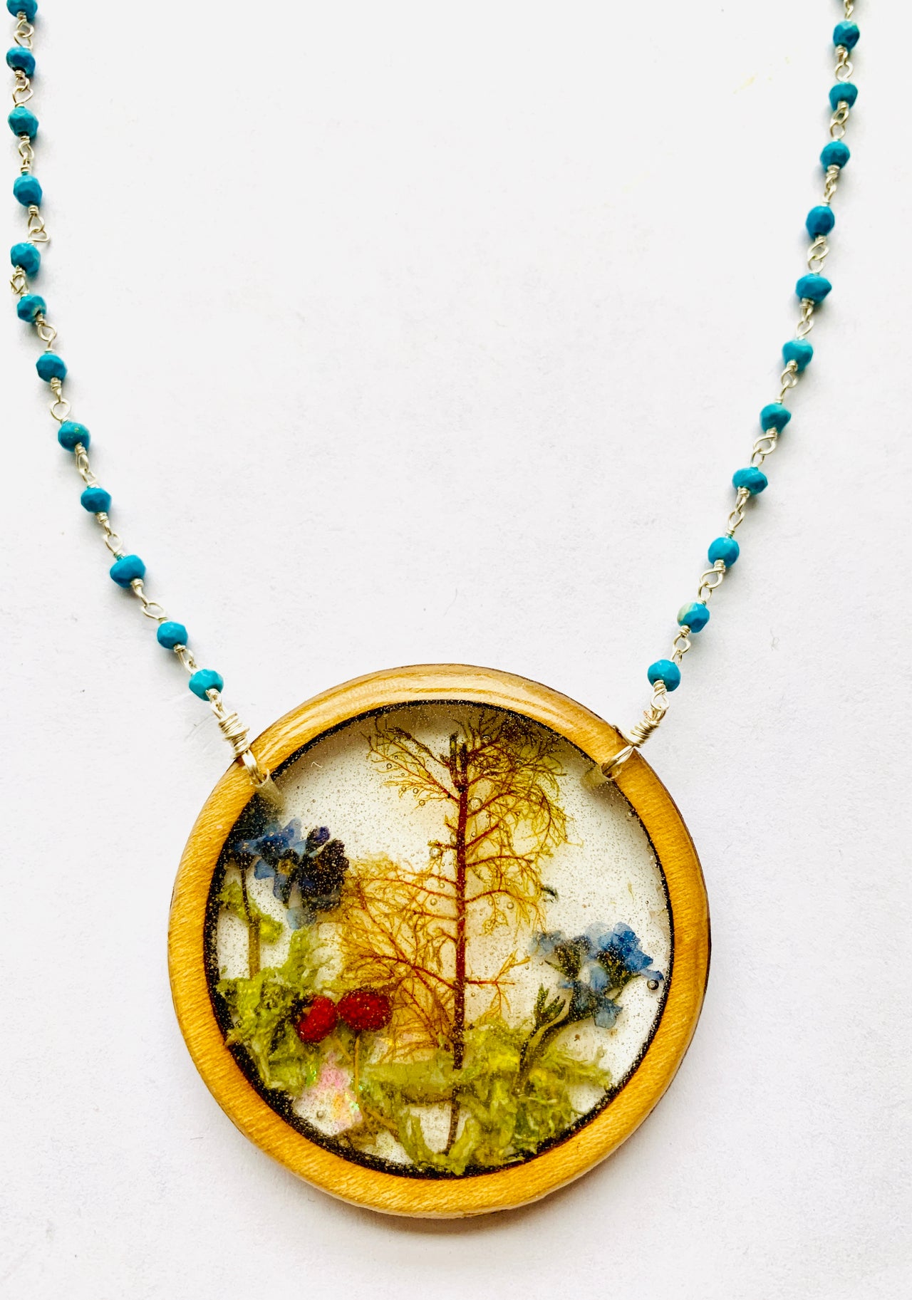 Turquoise Wood Terrarium Circle Necklace