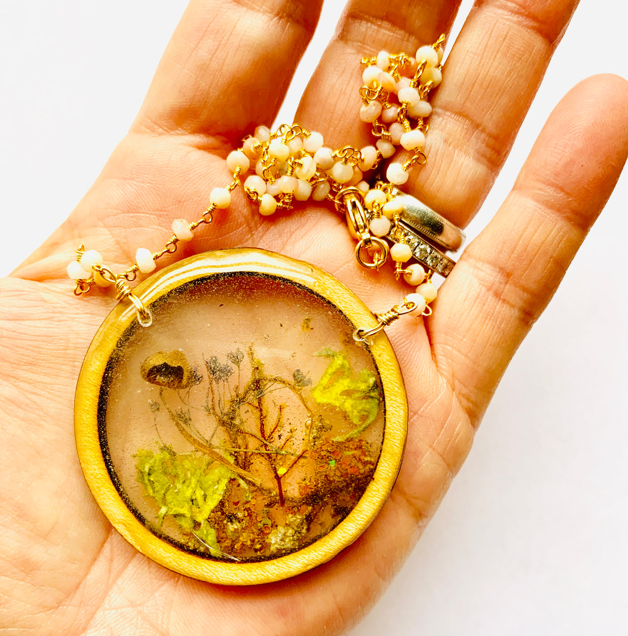 Pink Opal Wood Bezel Resin Terrarium Necklace