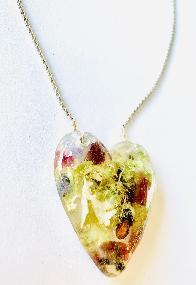 One of a Kind Resin Garnet Tanzanite Terrarium Heart Necklace