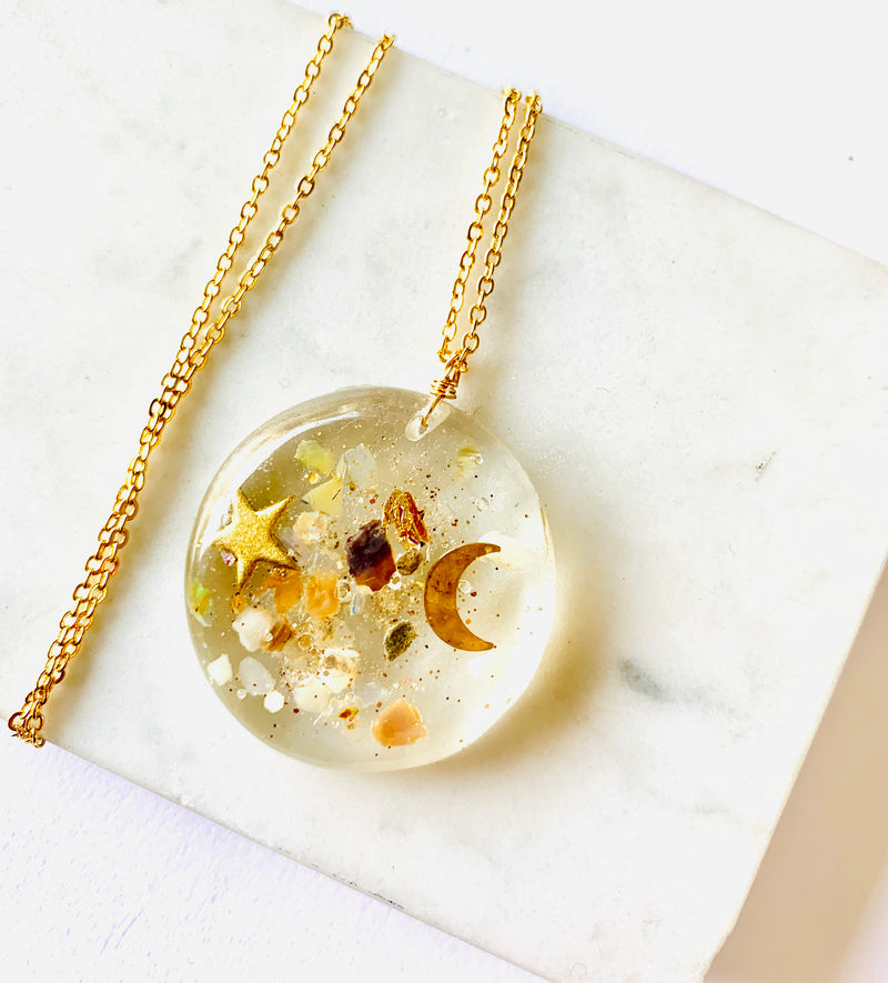 One Of a Kind Healing Stone Celestial Resin Necklace