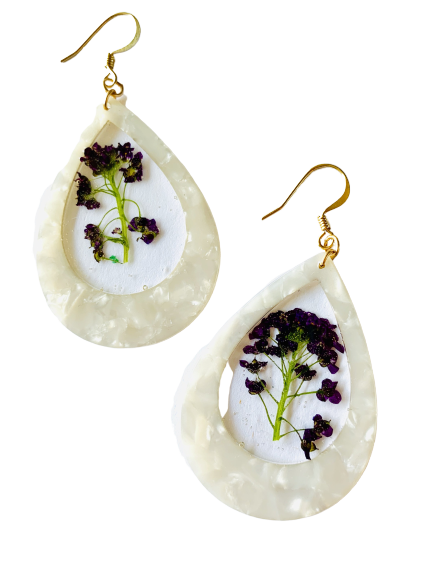 One of a Kind White Resin Purple Flower Earrings