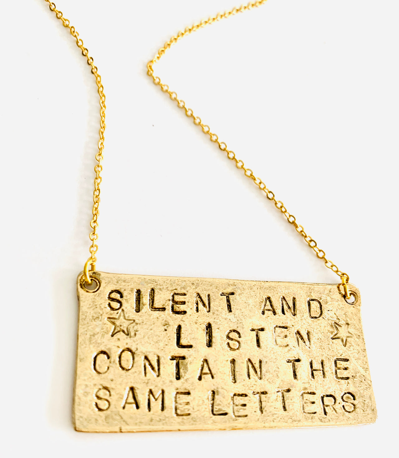 Silent and Listen Contain the Same Letters Hand Stamped Necklace