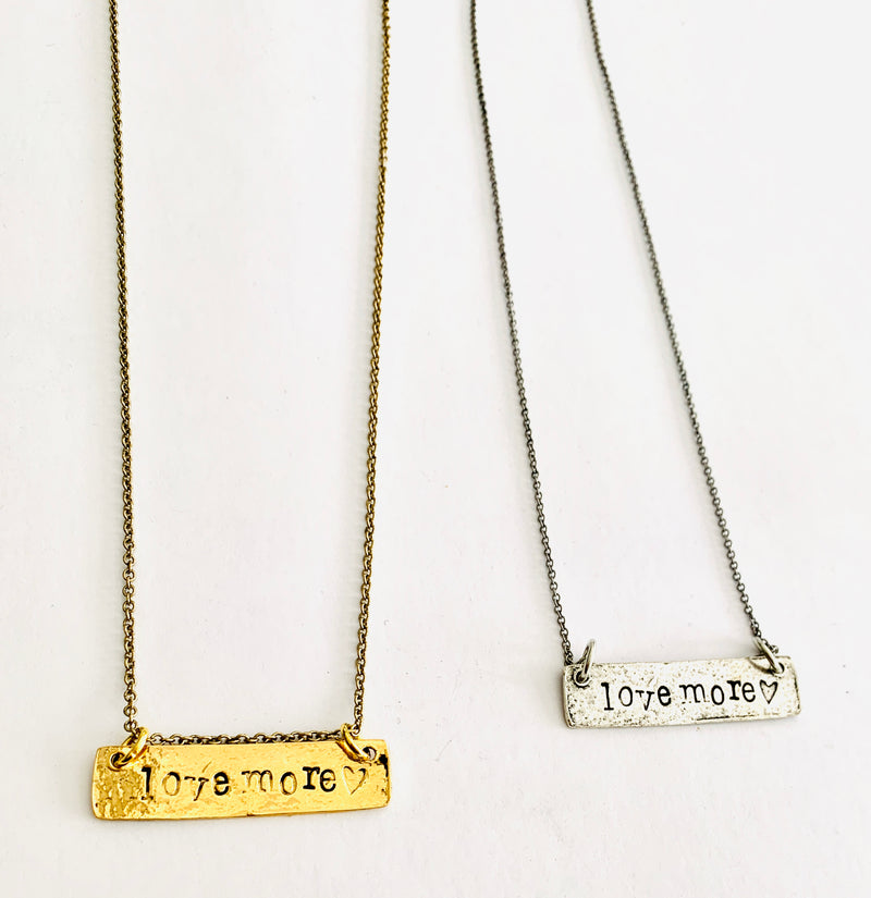 Worry Less-Love More Hand Double Sided Stamped Bar Necklace