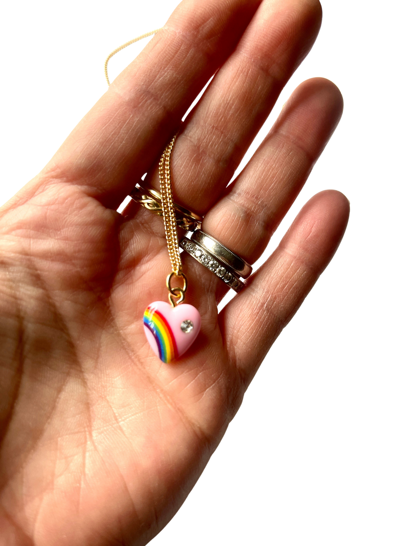 Mini pink heart and rainbow necklace