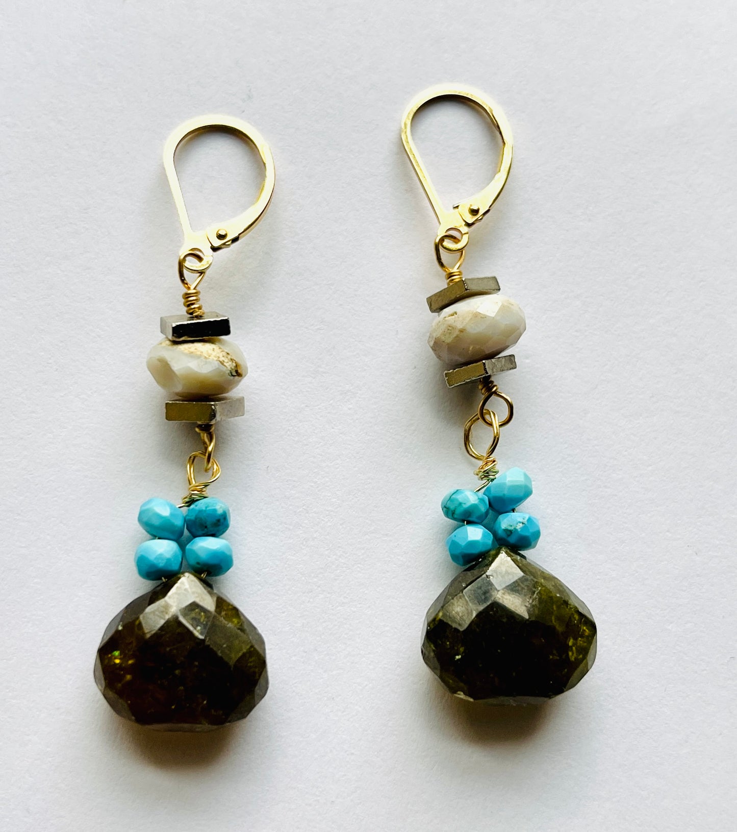 Green Garnet, Turquoise, Pyrite, Opal Earrings