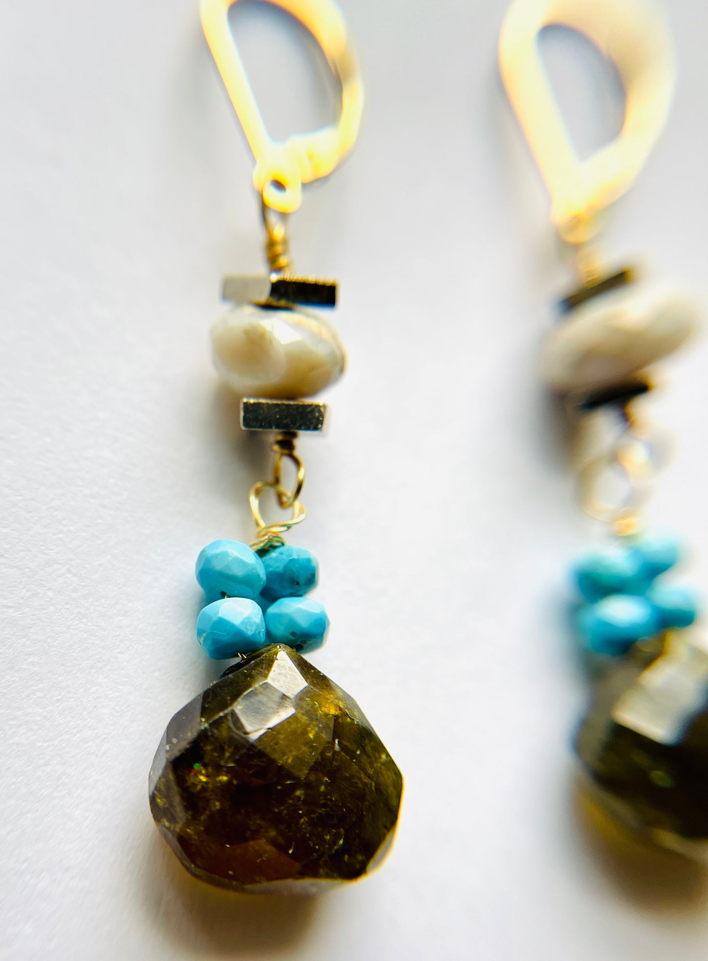 Green Garnet, Turquoise, Pyrite, Opal Earrings