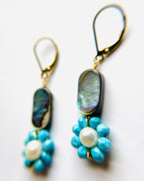 Abalone, Sleeping Beauty Turquoise, Pearl Flower  Earrings