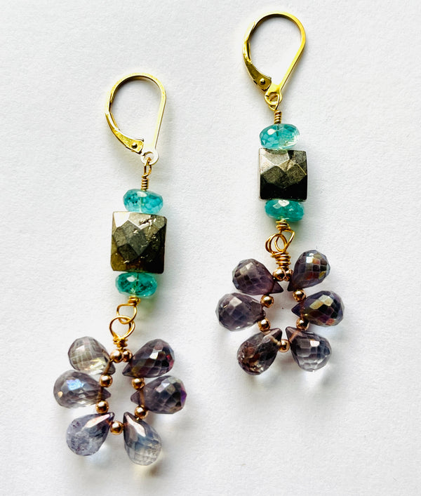 Rainbow Ioloite, Apatite, Pyrite Floral Earrings
