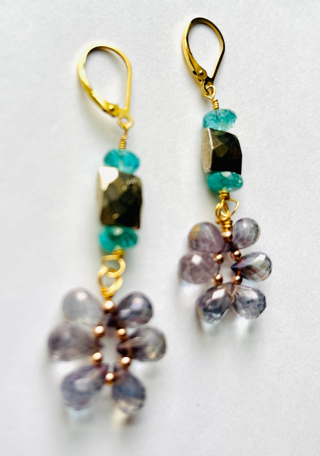 Rainbow Ioloite, Apatite, Pyrite Floral Earrings