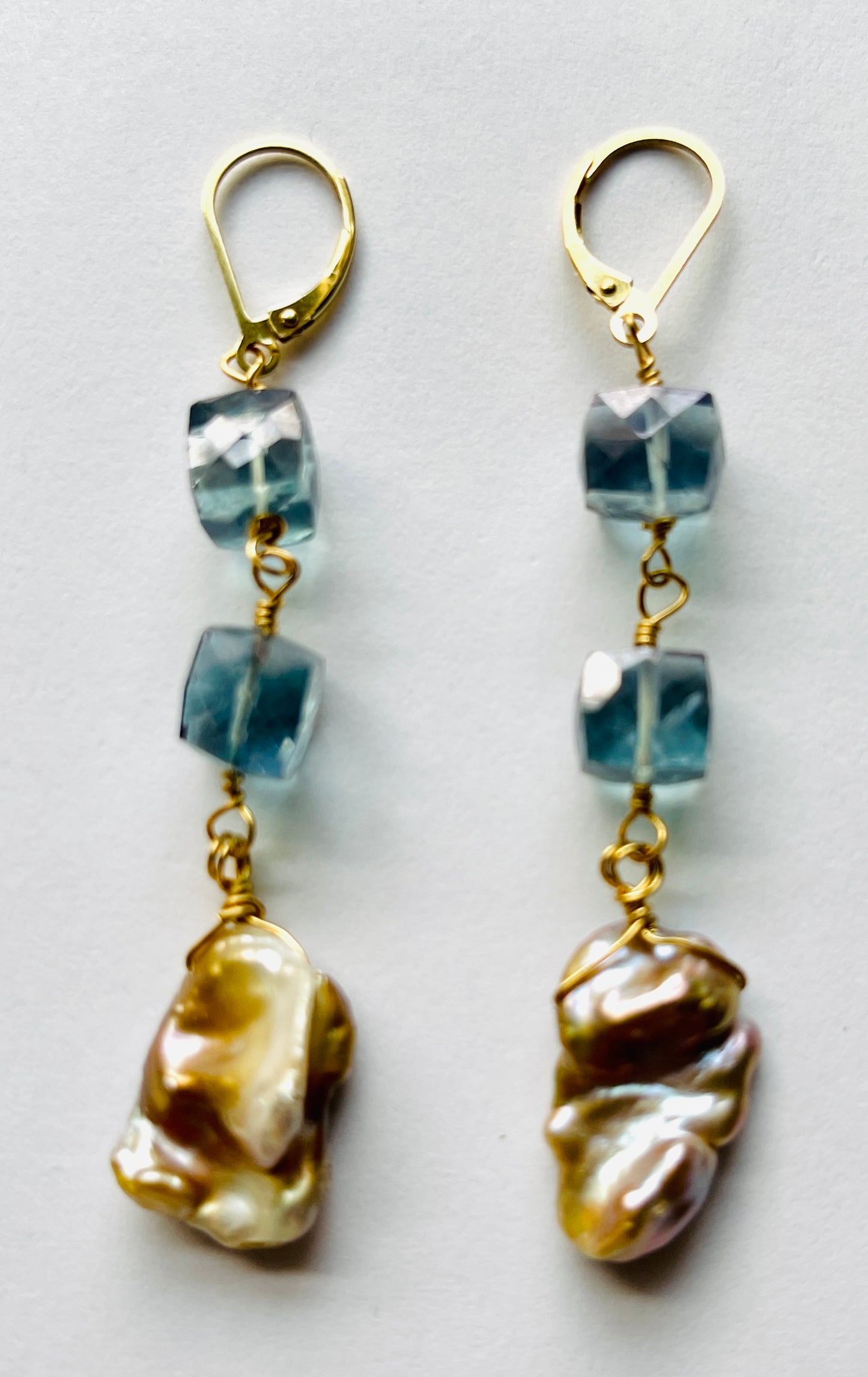 Iolite Cubes with Baroque Pearl Earrings