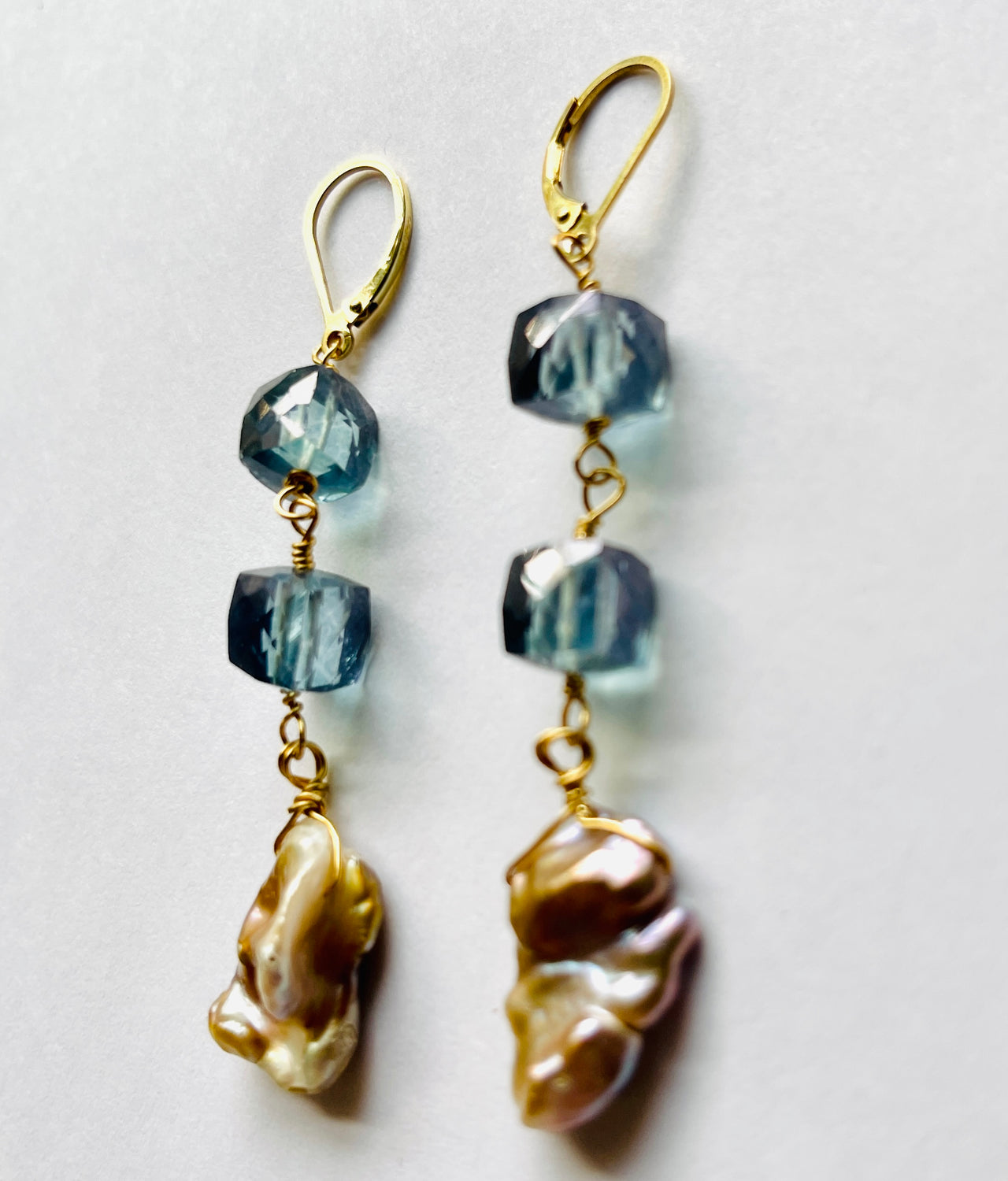 Iolite Cubes with Baroque Pearl Earrings