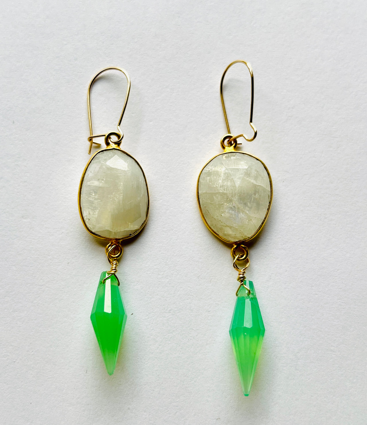 Rainbow Moonstone, Chrysoprase Drop Earrings