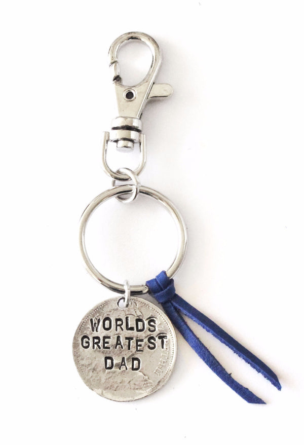 World's Greatest Dad Coin Stamped Royal Blue Leather Keychain