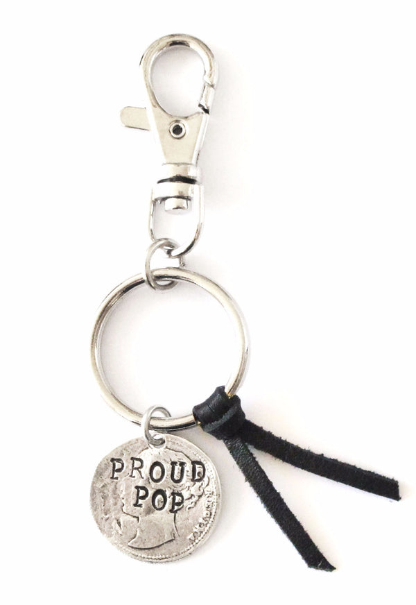 Proud Pop Black Leather Hand Stamped Keychain