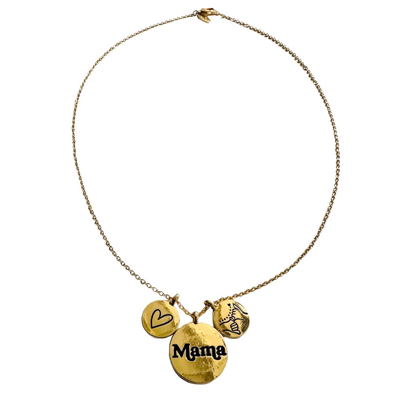 Gold Necklace with Mama charm, heart charm and pinky promise charm