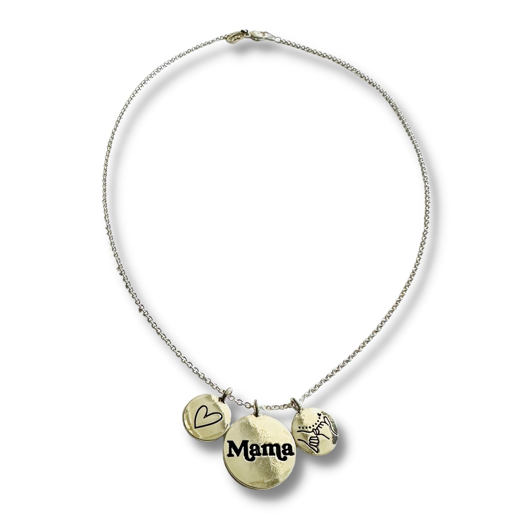 Silver necklace with Mama charm, heart charm and pinky promise charm