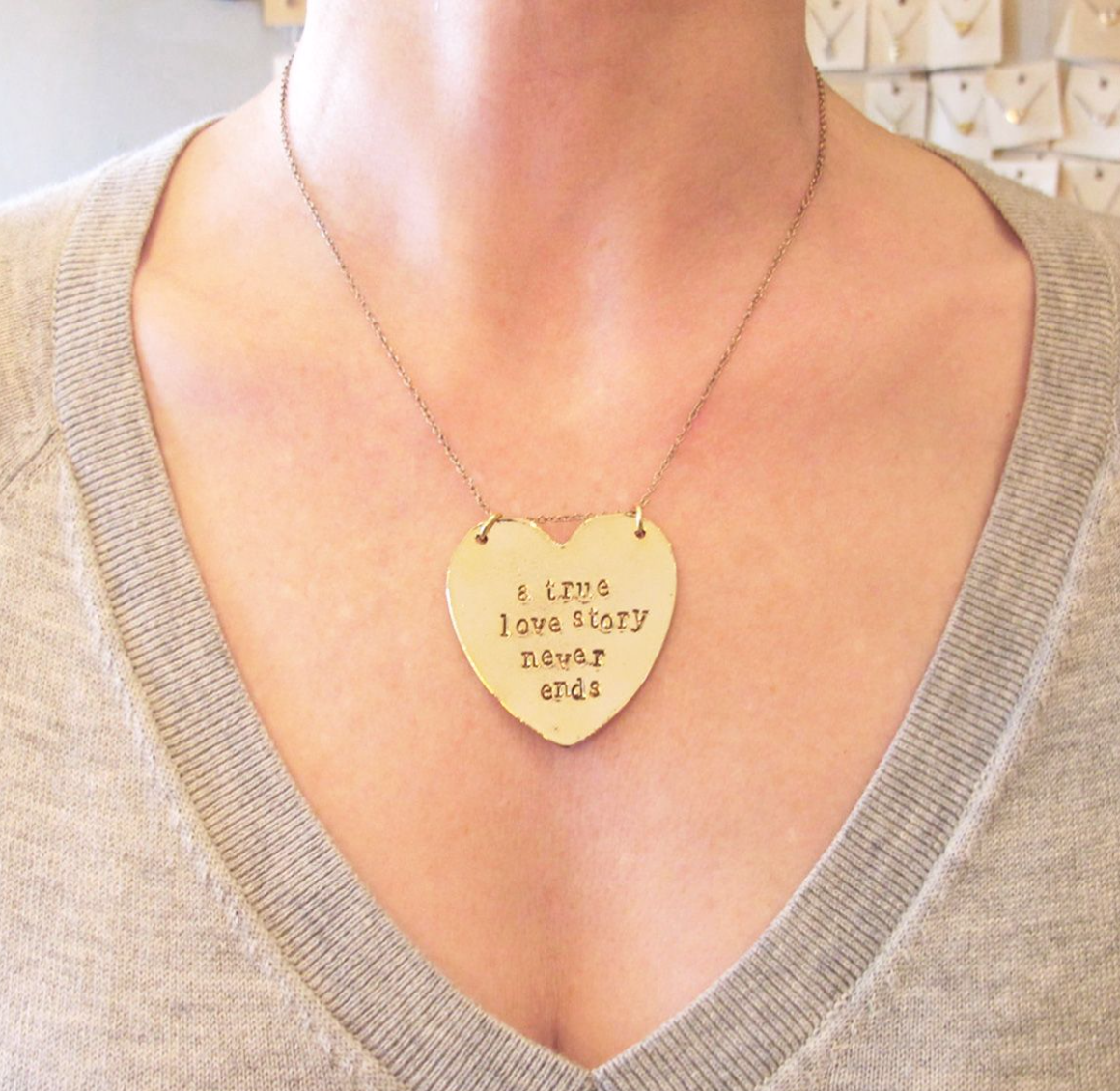 A True Love Story Never Ends Heart-Hand Stamped Necklace