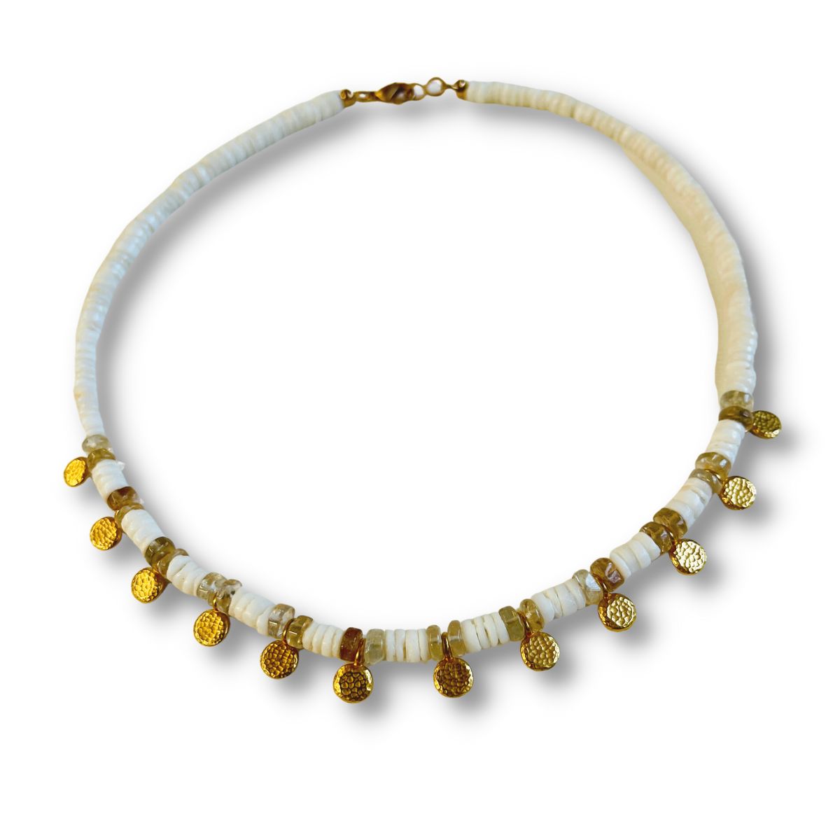 White Heshi Shell Necklace with Brass Drops