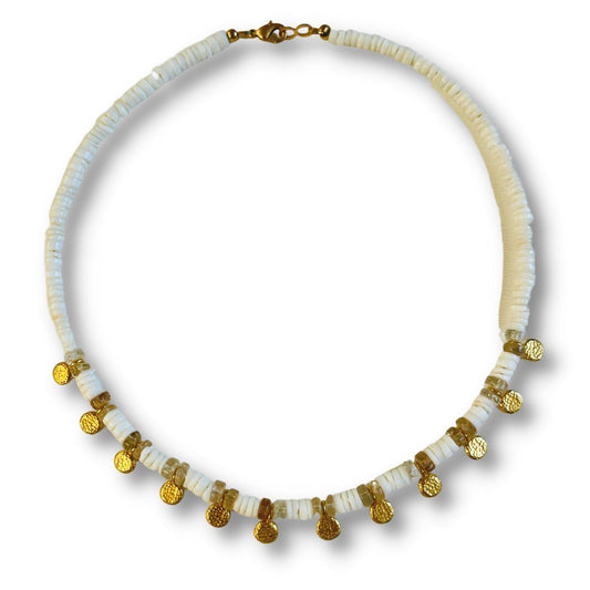 White Heshi Shell Necklace with Brass Drops