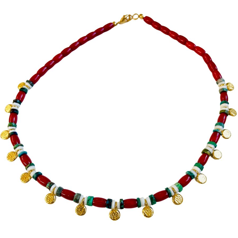 Red Coral, White Shell, Chrysophase Beaded Drop Necklace