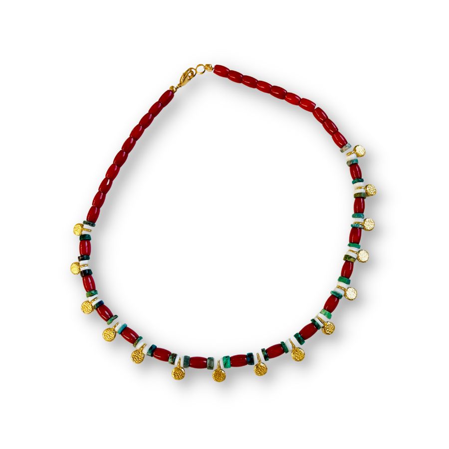 Red Coral, White Shell, Chrysophase Beaded Drop Necklace