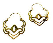 Gold hoop earrings with intricate heart designs on a white background