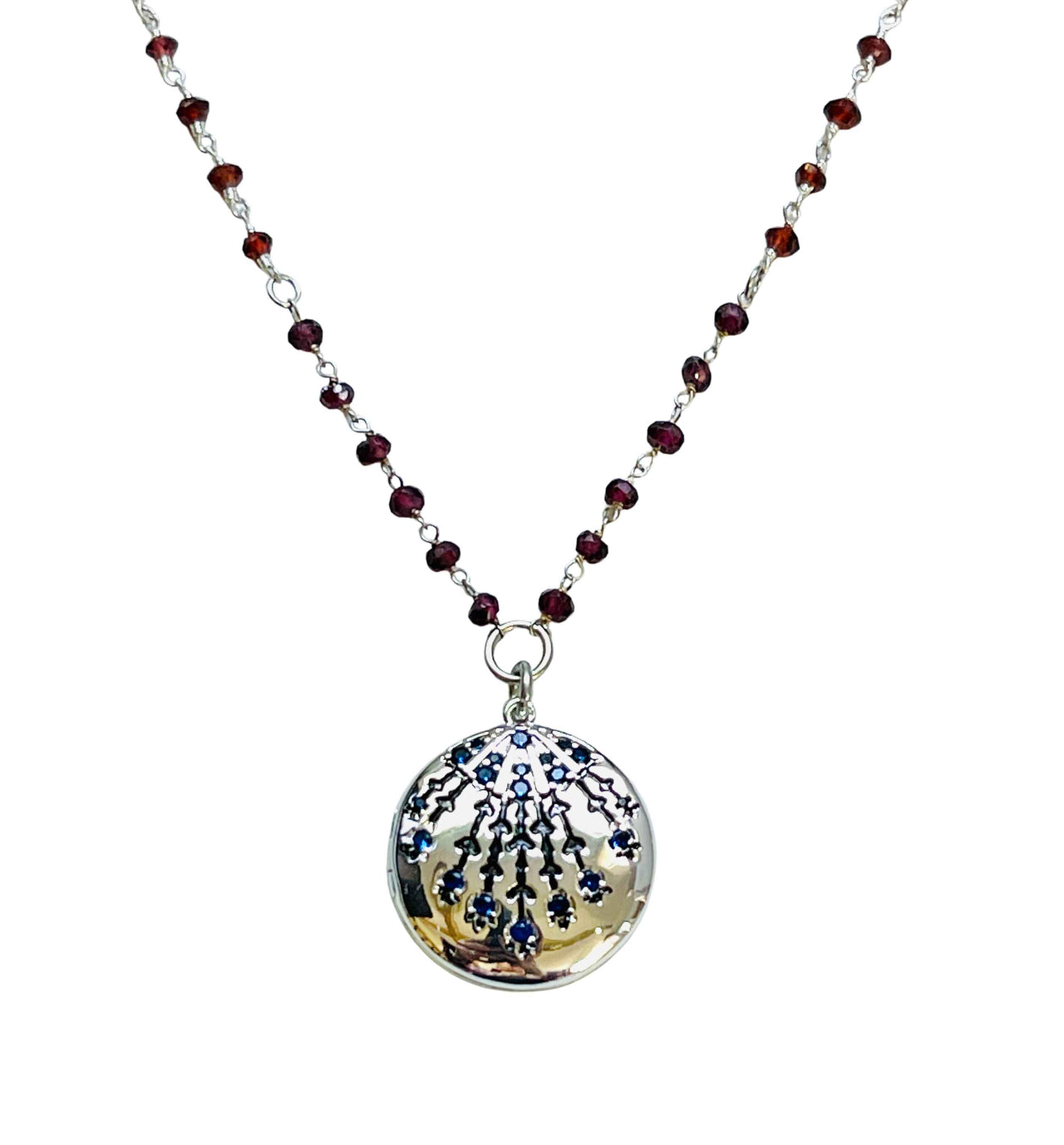 Sapphire Silver Locket with Garnet Chain