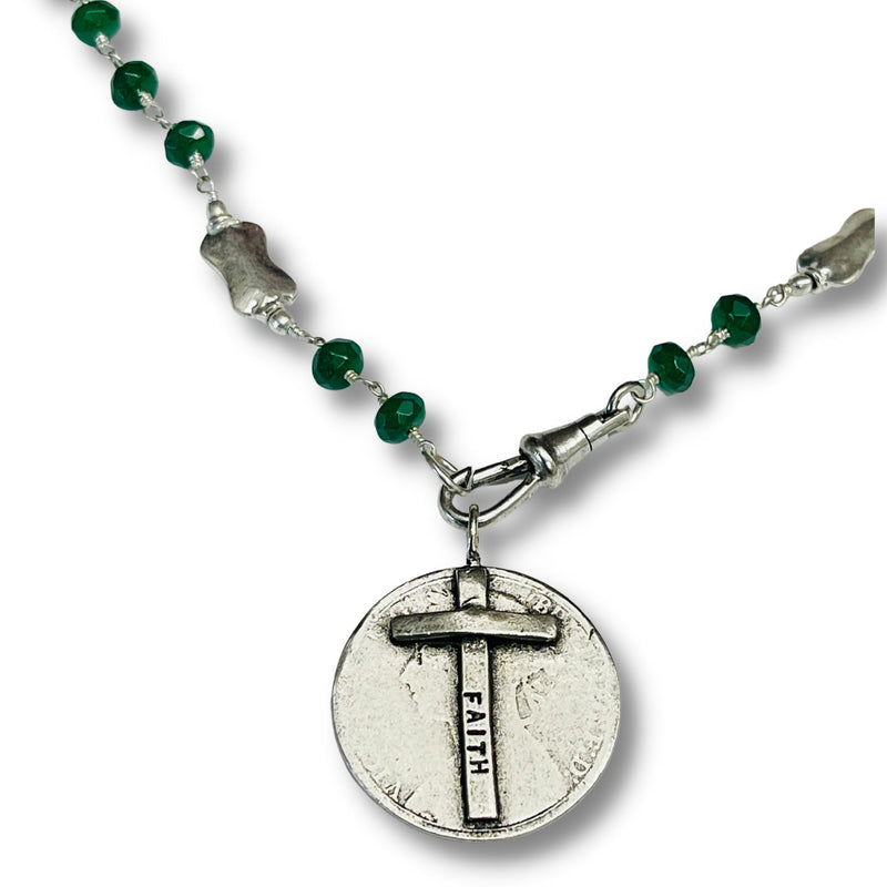 Faith Hand Stamped coin with Green Onyx Beaded Chain