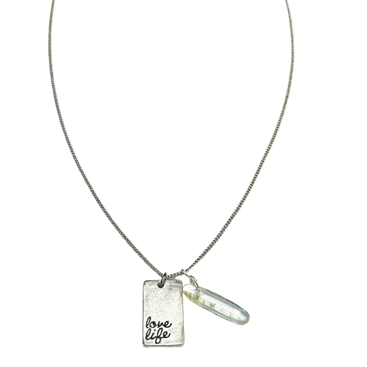 Love Life Rectangle Hand Stamped Crystal Necklace