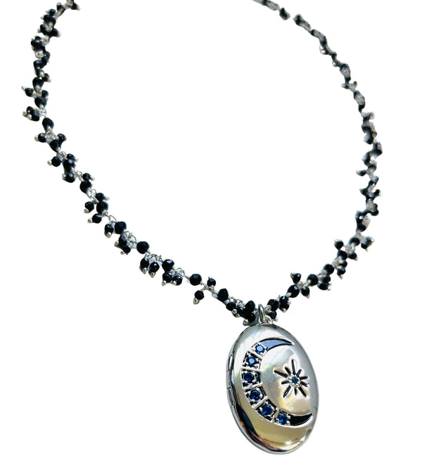 Sapphire Moon and Star Locket with Spinel Fringe Chain