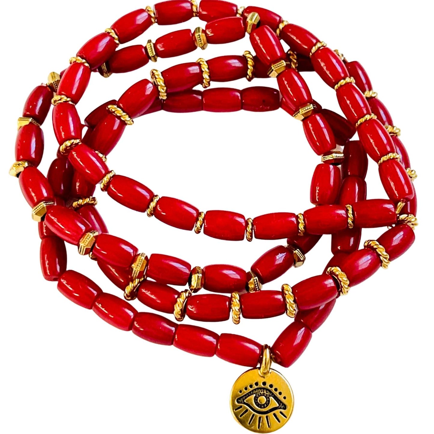 Red coral Stacking Bracelets with Evil Eye